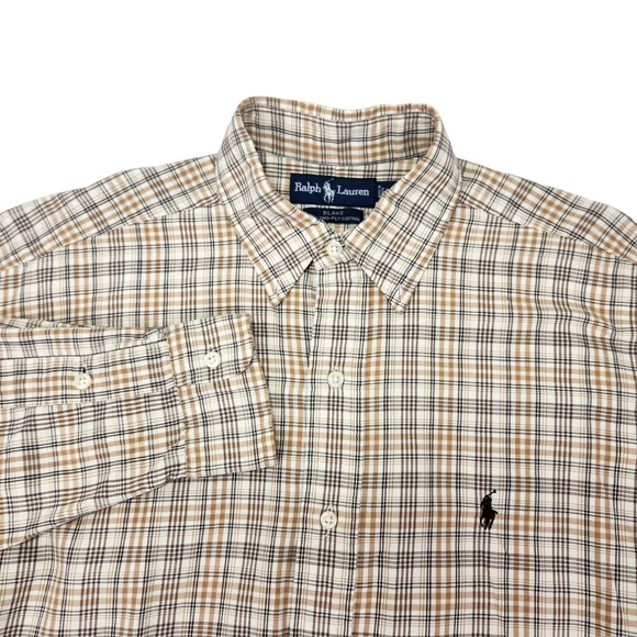 Ralph Lauren Blake Plaid Button Down Shirt Mens Medium Brown Tan Cotton Classic - Picture 2 of 14